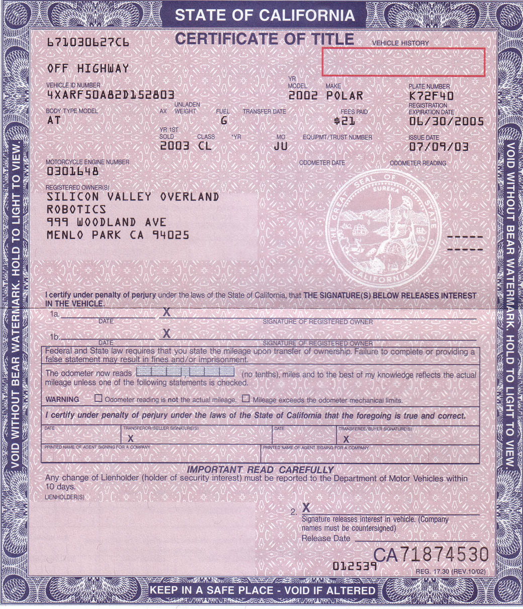 certificate of title and assignment